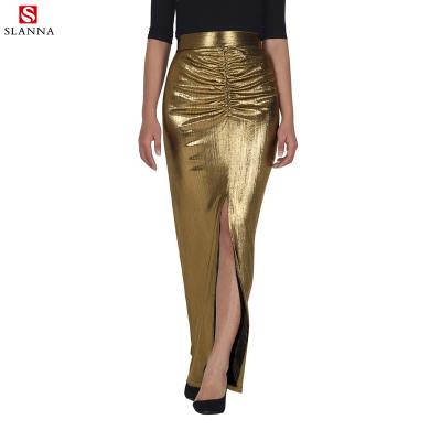 China Plus Size Manufacturer Shinny Gold Color Tank Top Fabric Long Skirt Long Pleated Wrap Formal Split Pencil Skirts for sale