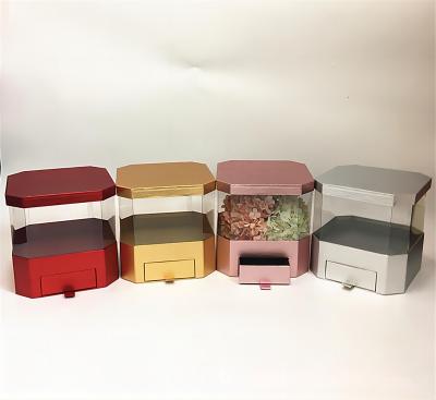 China Recycled Materials High quality metal paper octagon PVC clear flower gift box clear flower box with drawer transparent PVC rose box for lovers for sale