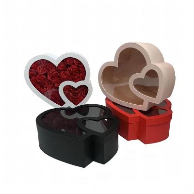 China Recycled Materials High quality Clear cover Double Heart Flower Box Heart Flower Gift Box Flowers Heart Rose Box for Valentine's Day for sale