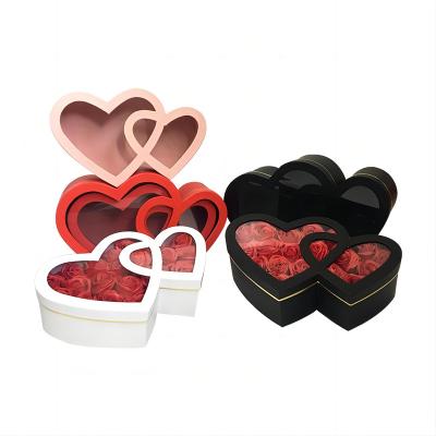 China Recycled Materials OEM Custom high quality spot Clear cover Double heart Flower Box Set 2 Heart Flower Gift Box Heart Rose box for wedding for sale