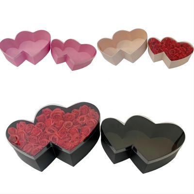 China Recycled Materials OEM custom high quality double heart transparent lid flower gift box 2-piece heart-shaped flower box Heart rose box for wedding for sale