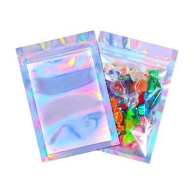 China Moisture Proof Customized Transparent Front Holographic Smell Proof Bag Holographic Rainbow Color Resealable Mylar Bag For Nail Art Decoration for sale