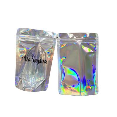 China Moisture Proof One Side Clear Another Side Holographic Laser Hologram Smell Proof Resealable Mylar Bag Stand Up Pouches for sale