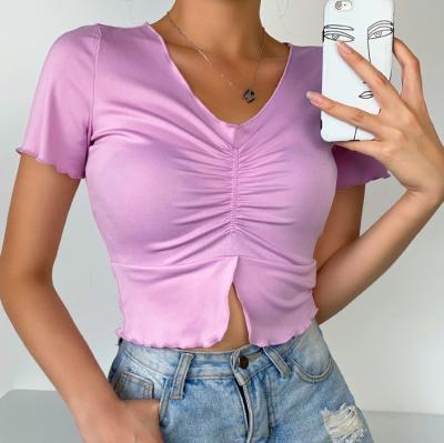 China Breathable Casual V-Neck Slim Fit Falbala Short Sleeved Top Fashionable Women T-Shirts for sale