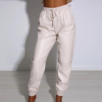 China Loose Fit Women Waterproof Casual Pants 2021 High Waist Harem Pants Ladies Trousers PU Leather Drawstring Pants for sale