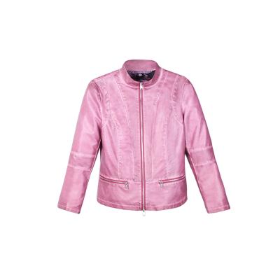 China Motorcycle Waterproof Female Zipper Up Jackets Vintage Look Dirty Pink Women's PU Leather Jacket for sale