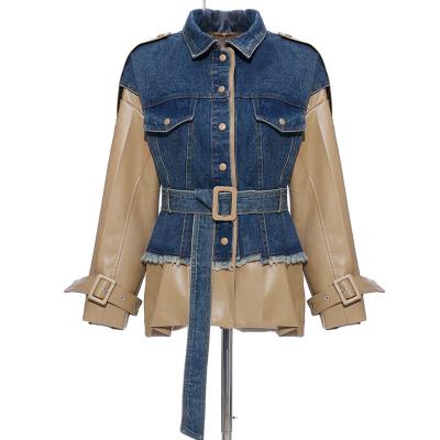 China Moq New Breathable Autumn Jacket 2021 Custom Patchwork Women's New Belted PU Leather Jackets And Denim Coats for sale