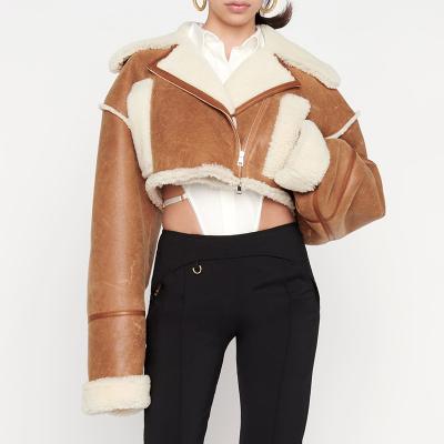 China New Design Sustainable Winter Women's Sustainable Faux Fur Sherpa Polyester Faux Sheep Shearling Cropped Jacket for sale