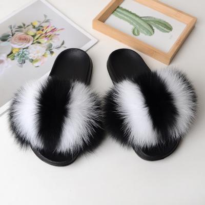 China Fashion Trend USA Style Designer Fox Fur Furry Rainbow Slippers Large Fuzzy Slides For Women for sale