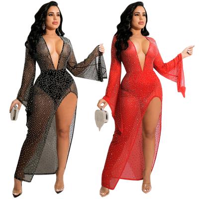 China 2022 Spring Nightclub Women's Breathable Sequined V-Neck Long Sleeve Puff Prom Dresses Evening Dresses Mesh Women Party Dress Shiny for sale