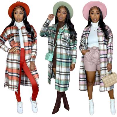 China 2021 Breathable Fashion Outwear Jacket Women's Winter Overcoat Grid Pattern Clothing Pocketed Overcoat Sweated Amenities Cardigan Plaid Ditch Coat Long for sale