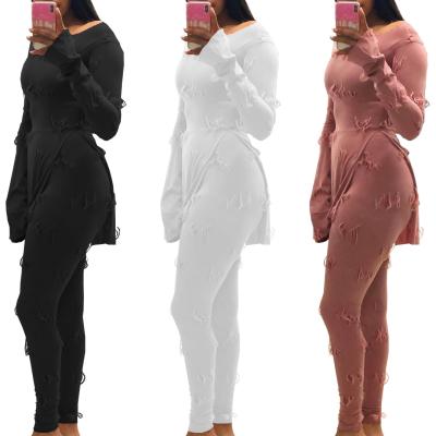 China Breathable Popular Casual Ladies Crews Long Sleeve T-shirt Plus Size Women Hollow Knitted Two Piece Pants Set Clothing for sale