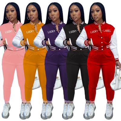 China Breathable Baseball Two Piece Tracksuit Jogging Hoodie Tracksuit Sport For Women Long Sleeves Ladies Woman Letterman Jackets Two Piece Set for sale