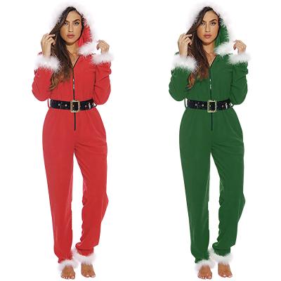 China 2021 Breathable Women Holiday Winter Christmas New Ribbed Onesie One Piece Pajamas With Fur Xmas Women Jumpsuit Rompers for sale