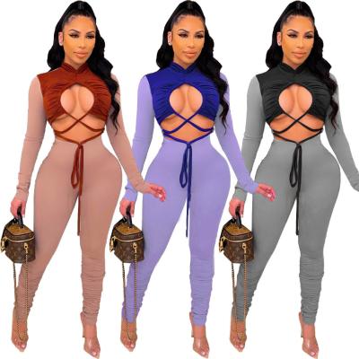 China New Breathable Winter Fall Stacked Pants Romper Patchwork Jumpsuits For Women Hollow Out Long Sleeve Autumn Bandage One Piece Overalls 2021 for sale