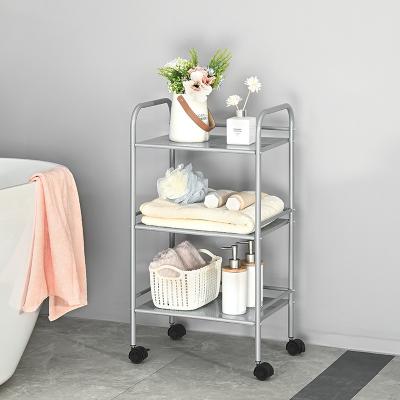 China Home Kitchen Bathroom Trolley Metal Kitchen Rack Vegetable Rack Three Tier Storage Cart with Wheels for sale