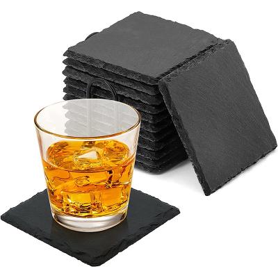 China Sustainable Wholesale Black Non-Slip Engraving Drink Slate Stone Bulk Coasters Set Round Blank Gift Box With Holder  For  Family gathering for sale