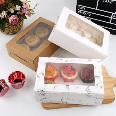 China Recyclable Marble White Card Window 2/4/6 Cupcake Packaging Box Kraft Paper Roll Cake Box for sale