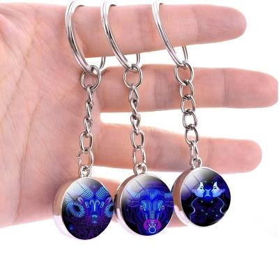 China Luminous Picture Cabochon Glass Ball Key Chain Side Jewelry 12 Zodiac Signs Double Key Chain Promotion Gift Constellation for sale