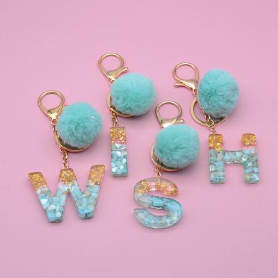 China Custom Acrylic Cute Car Pendant Plush Key Chain Holder Glitter Letter Bag Plush Key Chain Letter Pendant for sale