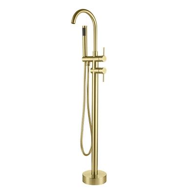 China Barless Gold Floor Brushed Bathtub Faucet Shower Set Full Cylinder Copper Side Pedestal Bathroom Hot And Cold Water Faucet for sale