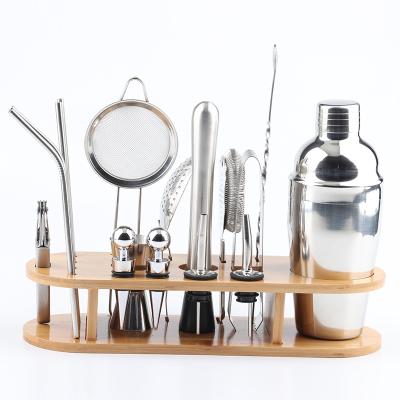 China Sustainable New Stainless Steel Cocktail Shaker Set, 18 Piece Adjustment Tool Kit With Oval Bamboo Base for sale