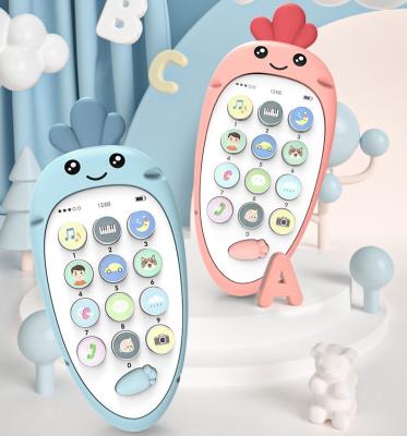 China Early Education Musical Radish Toys Mobile Phone Removable Soft Rubber Musical Baby Teether Bilingual Phone Toy for sale