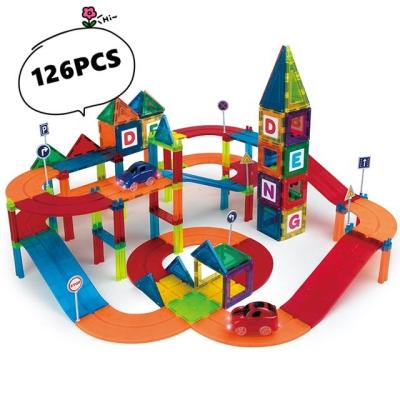 China 2022 Hot Selling Amazon Set Magnetic Building Toy ABS Magnetic Toy Car Track Magnetic Tiles 126Pcs Magnet Plastic Building Tiles For Kids for sale