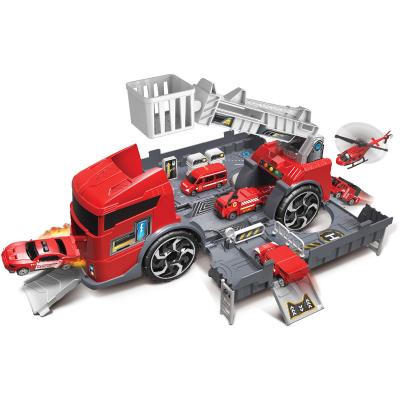 China Eco-friendly Materials 2 IN 1 Deformed Construction Fire Truck Engineering Vehicle Transport Car Carrier Truck Garage Parking Toy Kit With 2 Cars for sale