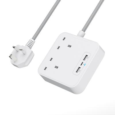 China Residential/General Purpose Two Way Power Strip Extension Lead with USB C Plug Wall Mounted Extension 1.5M Braided Cord for Home Office Travel for sale