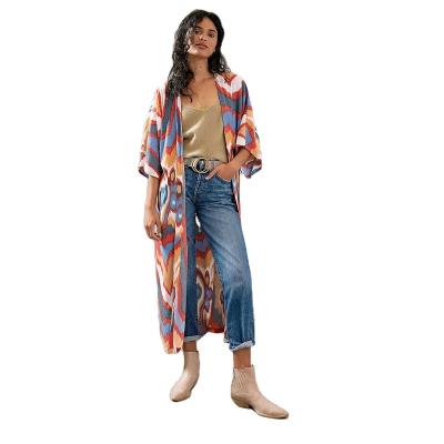 China Anti-wrinkle ladies summer chiffon print cardigan kimono beach vacation kimono bikini jacket sunscreen cover up for sale