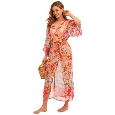 China Ladies Chiffon Printing Cardigan Kimono Breathable Kaftan Maxi Dress Party Dress Women for sale