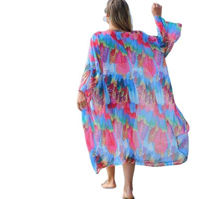 China Women Chiffon Print Breathable Flowy Boho Skirt Chiffon Kimono Bikini Sun Shirt for sale