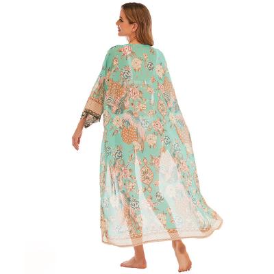 China Anti-wrinkle Chiffon Print Cardigan Kimono Boho Style Kaftan Robe Women Dress Women Long for sale