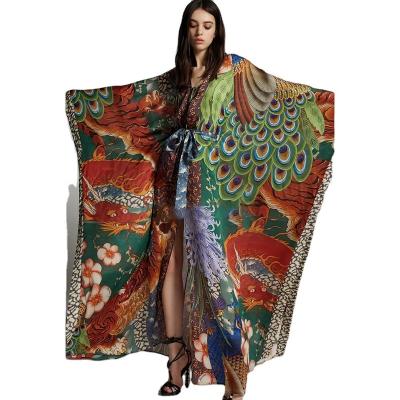 China Anti-wrinkle summer printed kimono cardigan kaftan long dress Muslim long dress women casual dress beach wear cover up for sale