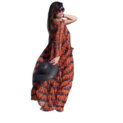 China Ladies Summer Chiffon Print Beach Vacation Maxi Dress Bikini Cover Up Breathable Swimwear Cover Up for sale