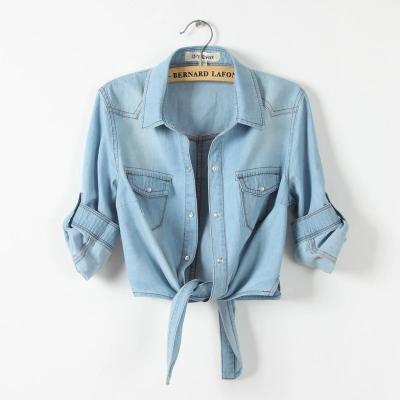 China 2021 New Custom Made Breathable Fashionable Contrast Long Color Spring Cowboy Sheath Women Denim Shirt for sale