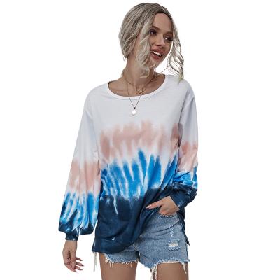 China New Dye Anti Wrinkle Round Neck Blue And White Knotting Sweater Women's Long Sleeve Pullover Sports Loose Top for sale