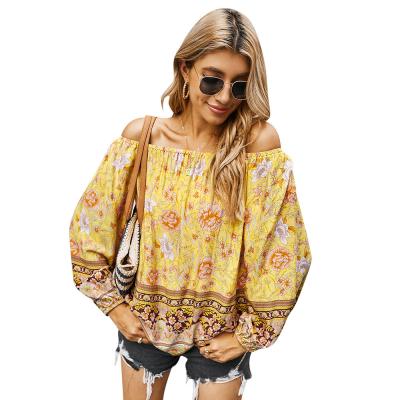 China New Retro Printed Chiffon Top Hawaiian Anti-Wrinkle Anti-Wrinkle Blouse Strapless Long Sleeve for sale