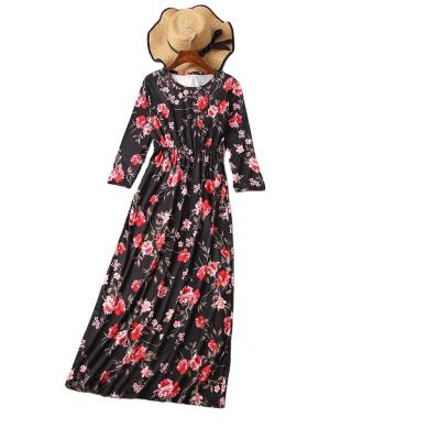 China 2021 European new and American anti-wrinkle parent-child mother and daughter use anti-wrinkle printing long sleeved dress long flower skirt for sale