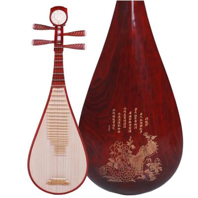 China Tung Pipa Wood Instrument Examination Peony Flower Head Pipa Carved Mahogany Adult Pipa for sale