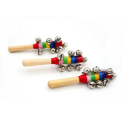 China 2022-Orff Enlightenment Colorful Wooden Musical Kids Baby Jingle Hand Metal Bells For Kids Music Shaking Hand Bells, Wooden Hand Shaker for sale