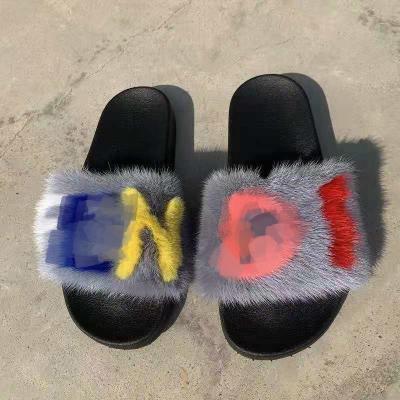 China Cushioning Luxurious Women Fashion 100% Real Mink Fur Slippers Custom Logo Mink Fur Slides Fluffy Slippers for sale