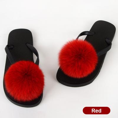 China Fashion Trend Hot Sale Fur Slides Outdoor Fox Fur Real Pom Poms Ball Fur Flip Flops Slippers for sale