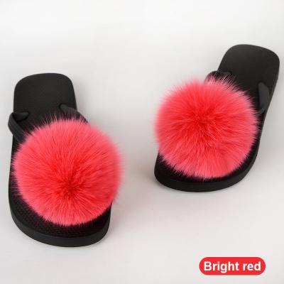 China Fashion Trend Women Summer Sandals Slipper With Fox Fur Pompom Ball Fluffy Fur Flip Flops for sale