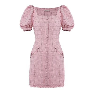 China Breathable Women's Clothing 2021 Luxury Button Decoration Rose Tweed Dress Plus Size Women's Dresses for sale