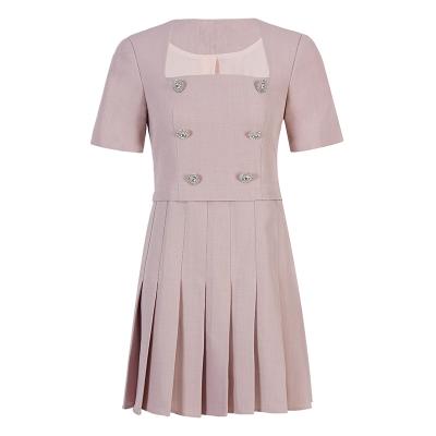 China Summer Breathable Wholesale Ladies Mini Pleated Dress Short Sleeve Korean Square Collar Office Dress Elegant for sale