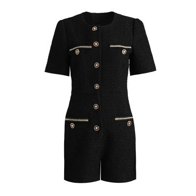 China Breathable Tweed Fabric Women With Pockets Dress Shorts Newest Overalls Design Solid Color Button Up Jumpsuit for sale