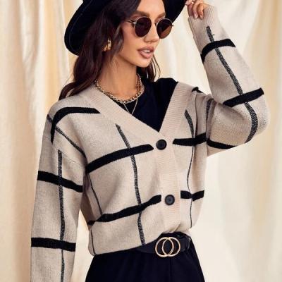 China 2023 Autumn New Arrival Anti-Wrinkle Women Plaid Jacquard Sweater Long Sleeve Ladies Casual Wear for sale