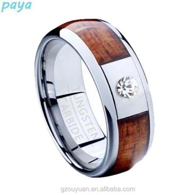 China Fashion Fashion Silver Tungsten Rings Men's Metal Ring Wedding Jewelry Koa Wood With CZ Diamond Inlay for sale